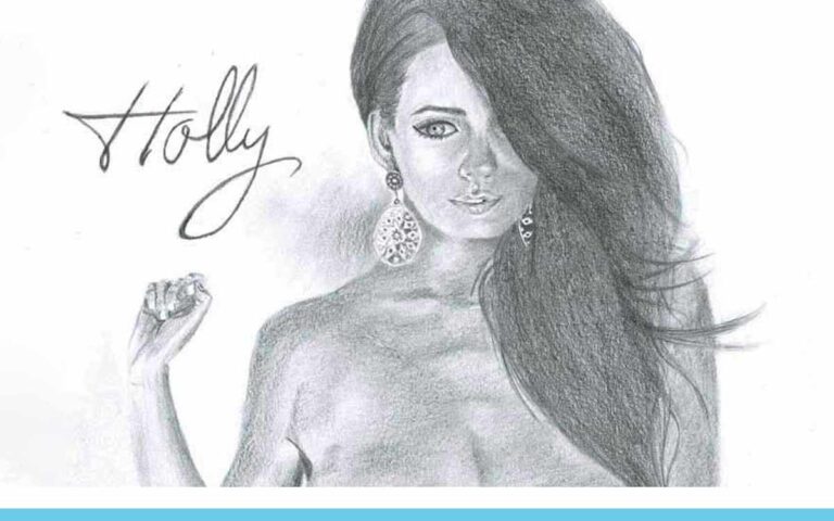 Realistic Pencil Drawing of Model Holly Peers Topless, by Artist Sophie Lawson