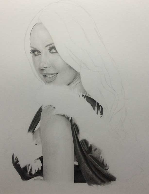 Realistic Pencil Drawing of a Sexy Santa Model, Work In Progress Image 1, by Artist Sophie Lawson