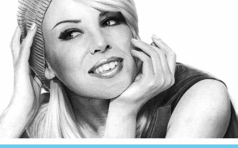 Realistic Pencil Drawing of Singer and Actress Kylie Minogue, by Artist Sophie Lawson
