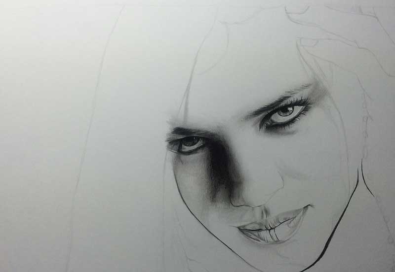 Realistic Pencil Drawing of Victoria's Secret model Adriana Lima. Work in Progress image 2, by Artist Sophie Lawson