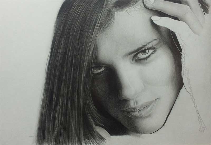 Realistic Pencil Drawing of Victoria's Secret model Adriana Lima. Work in Progress image 4, by Artist Sophie Lawson