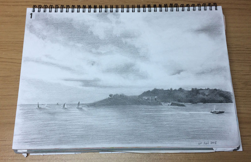 Art Helps You Try New Things - Pencil Landscape Drawing of Plymouth Hoe Drakes Island, by Artist Sophie Lawson