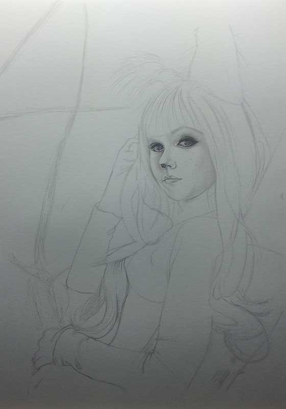 Realistic Pencil Drawing of Cosplayer Amy Thunderbolt cosplaying Bubsy WIP image 1, by Transgender Artist Sophie Lawson