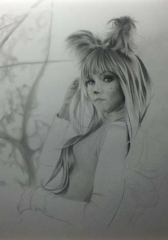 Realistic Pencil Drawing of Cosplayer Amy Thunderbolt cosplaying Bubsy WIP image 3, by Transgender Artist Sophie Lawson