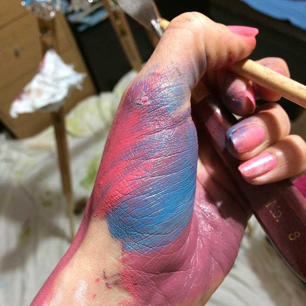 Pink and Blue Oil Paint All Over My Hands, Still Life Painting with Transgender Artist Sophie Lawson