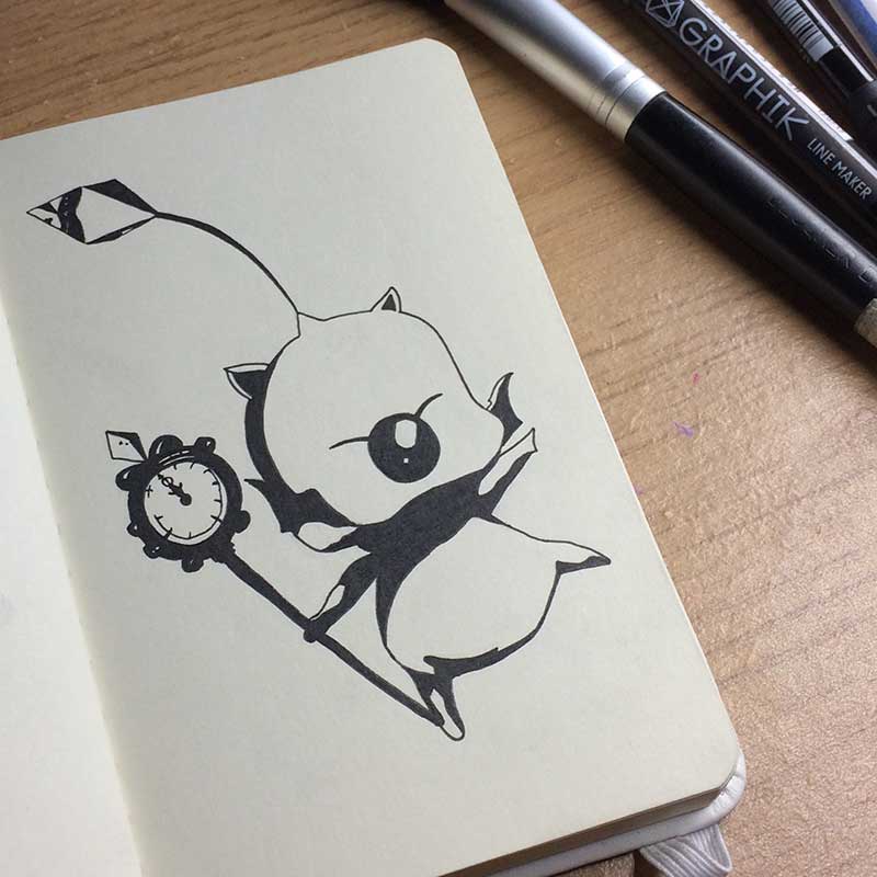 Moogle From Final Fantasy XIII-2 Ink Drawing. Day 10 of Inktober 2018, with Artist Sophie Lawson