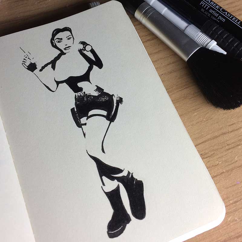 Lara Croft, from the videogame Tomb Raider, Ink Drawing. Day 21 of Inktober 2018, with Transgender Artist Sophie Lawson
