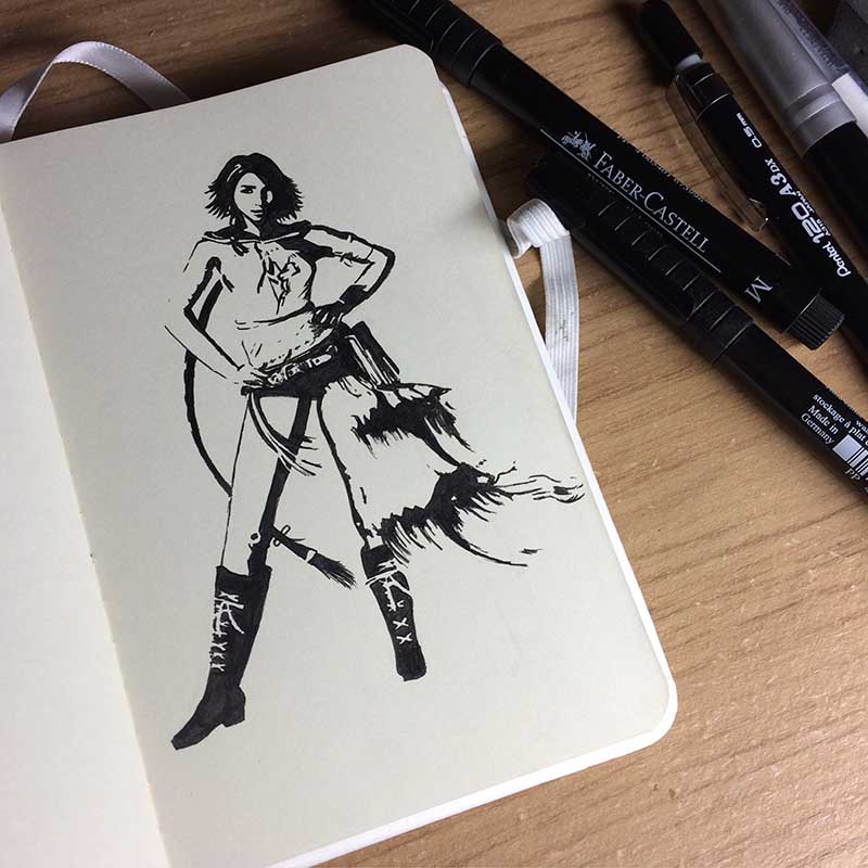 Yuna drawing, from the videogame Final Fantasy X, Ink Drawing. Day 23 of Inktober 2018, with Artist Sophie Lawson