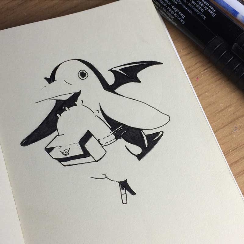 Prinny drawing, from the videogame Disgaea, Ink Drawing. Day 25 of Inktober 2018, with Artist Sophie Lawson