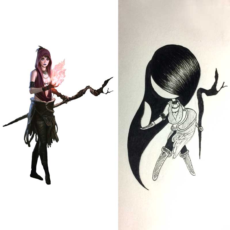 lilSOPHIE cosplaying videogame character Morrigan from Dragon Age Ink Drawing, Day 31 of Inktober 2018, with Artist Sophie Lawson