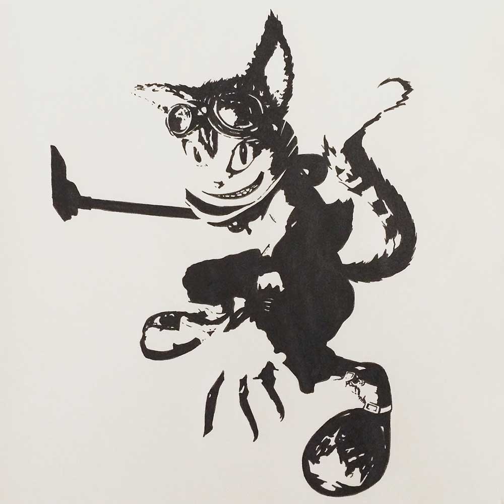 Blinx, from the videogame Blinx The Time Sweeper, Ink Drawing. Cats of June Art Challenge Day 02, with Transgender Artist Sophie Lawson