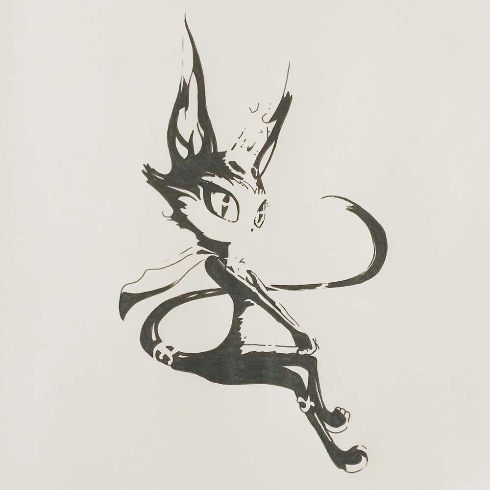 Cait Sith, from the videogame Final Fantasy VII, Ink Drawing. Cats of June Art Challenge Day 06, with Transgender Artist Sophie Lawson