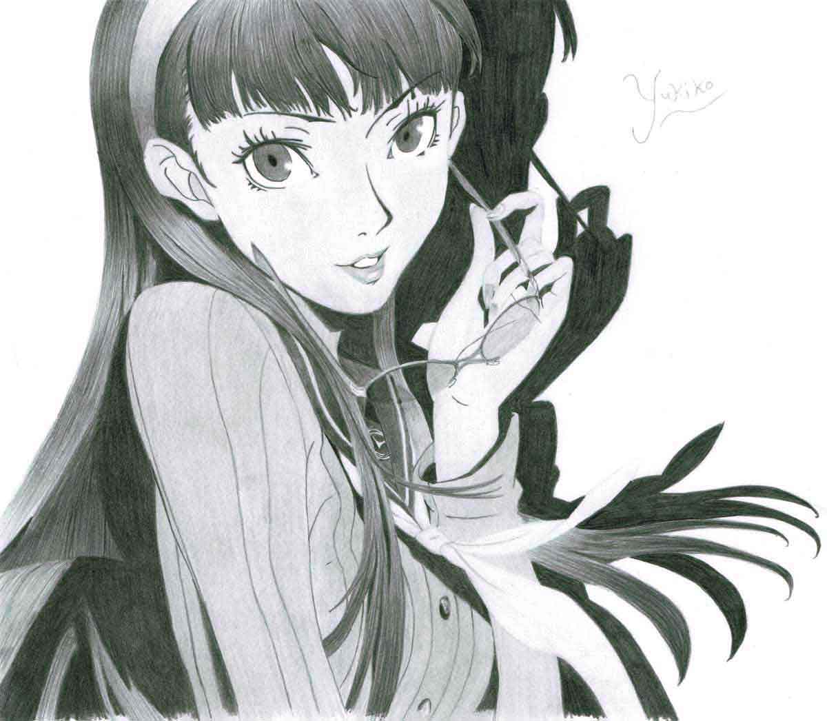 Realistic Pencil Drawing of Yukiko Amagi from the video game Persona 4 Golden, by Transgender Artist Sophie Lawson