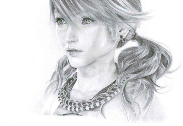 Realistic Pencil Drawing of Vanille from the video game Final Fantasy XIII, by Transgender Artist Sophie Lawson