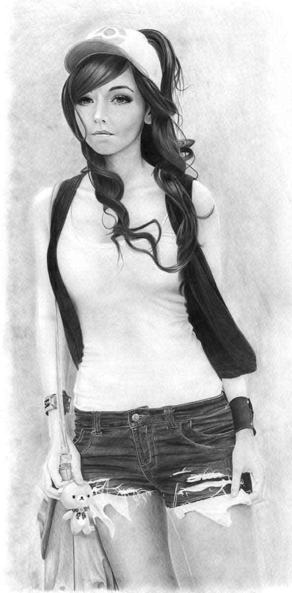 Realistic Pencil Drawing of Cosplayer Amy Thunderbolt Cosplaying Touko Hilda from Pokemon, by Artist Sophie Lawson