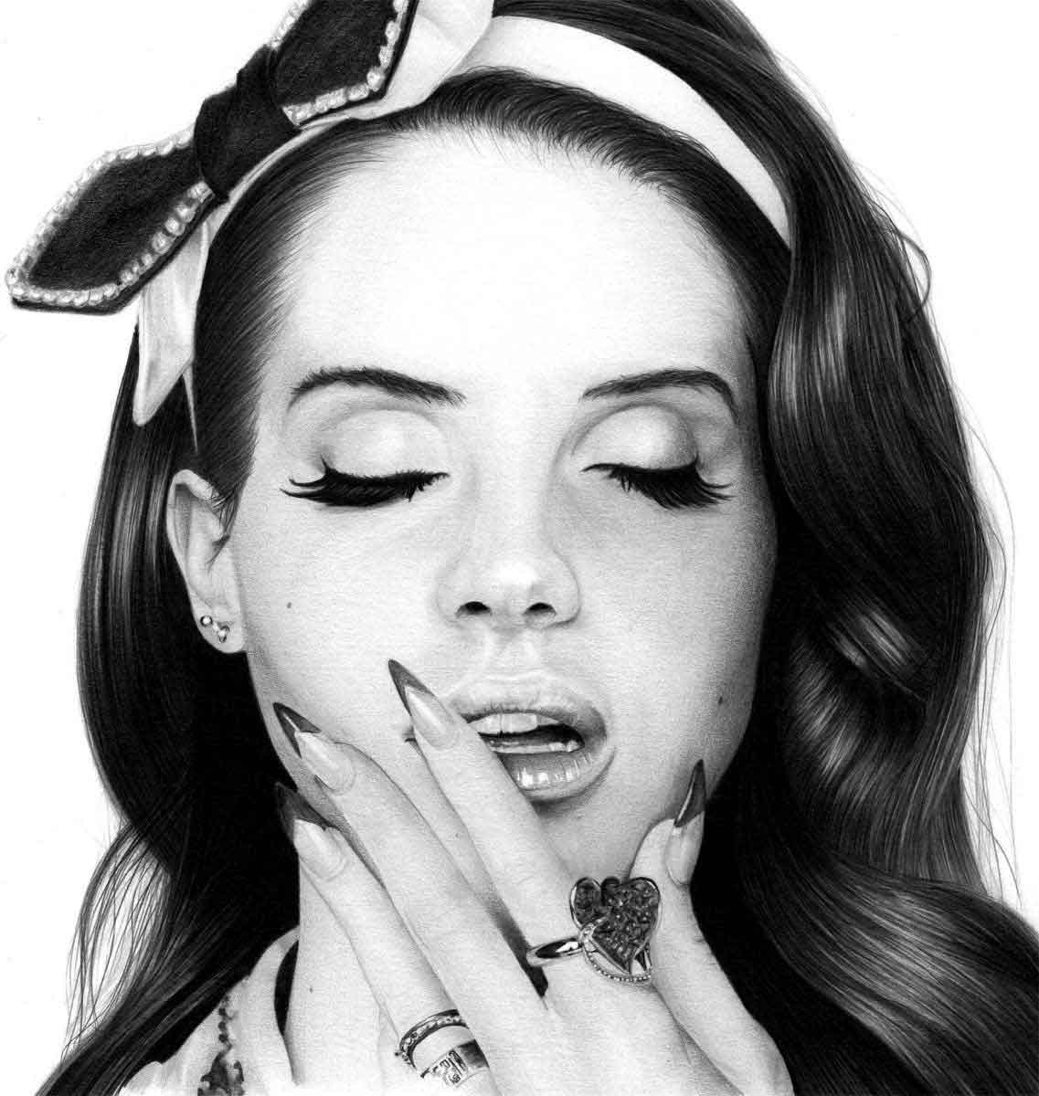 Realistic Pencil Drawing of Singer Lana Del Rey, by Artist Sophie Lawson