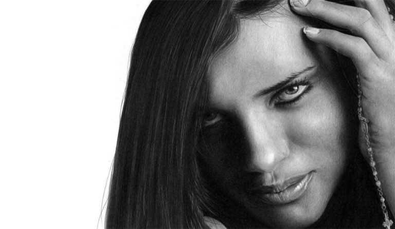 Realistic Pencil Drawing of Victoria's Secret model Adriana Lima, by Artist Sophie Lawson