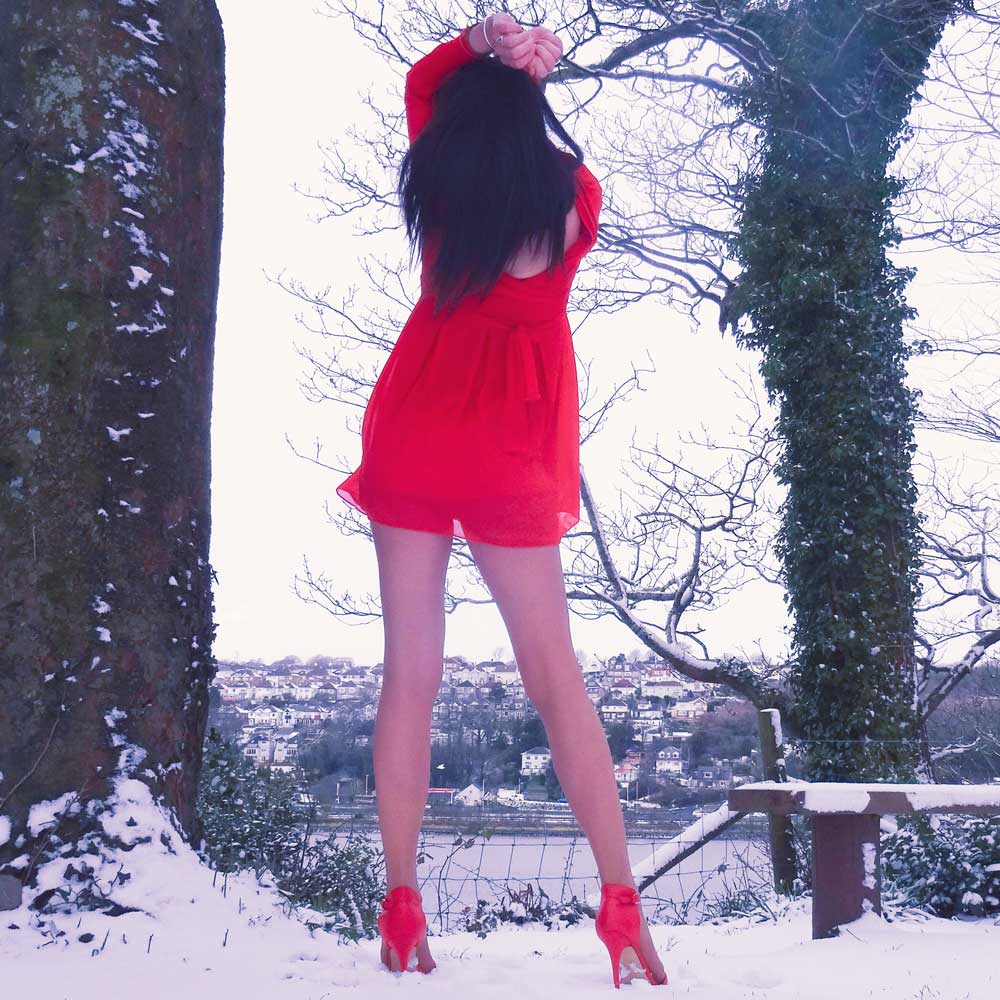 Tfnc Red Skater Dress with Chiffon Cross Front Modelling Photo, by Transgender Model SOPHiE LAWSON